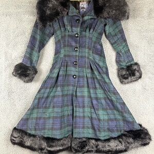 Collectif Vintage Pearl Blackwatch Check Coat Faux Fur Trim Plaid Green XXS NEW